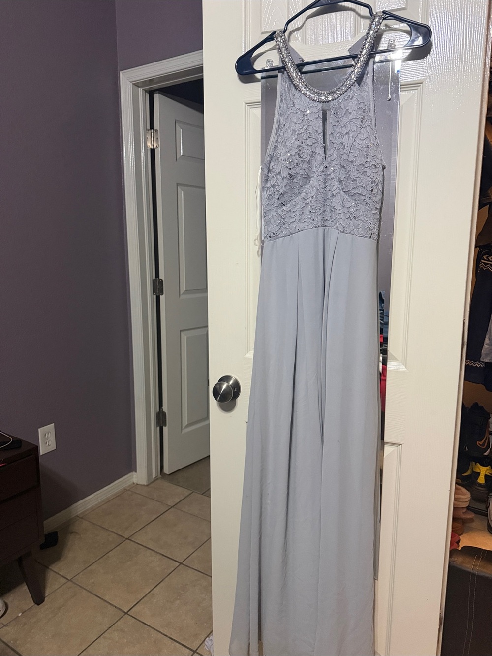 Sequined Halter Light Gray Lace Prom Dress